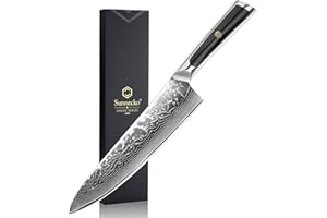 Sunnecko Couteau Cuisine Japonais de Chef, Couteaux de Cuisine Professionnel 20cm Acier Damas 67 Couches Couteau de Cuisine Viande Légume