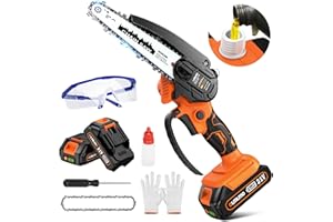 OLMLMO Mini Chainsaw 6 Inch, Cordless Chainsaw with 2 * 2000mAh Battery 6-8m/s Electric Chainsaw with Oil Pot & Security Lock Handheld Pruning Chain Saw for Garden, Tree Branches, Household and Courtyard