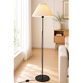 Siyah Metal Ayaklı Lambader Pileli Kırma Krem Başlıklı Salon Yatak Odası K&ouml;şe Aydınlatma 150 cm LAM01