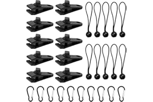 YUECHENGGUI 30 Stück Tarp Clips Set, 10 Heavy Duty Tarp Clips mit 10 Zelt Bungees Schnüre und 10 Karabiner Clips für Camping Zelte Abdeckung, schwarz