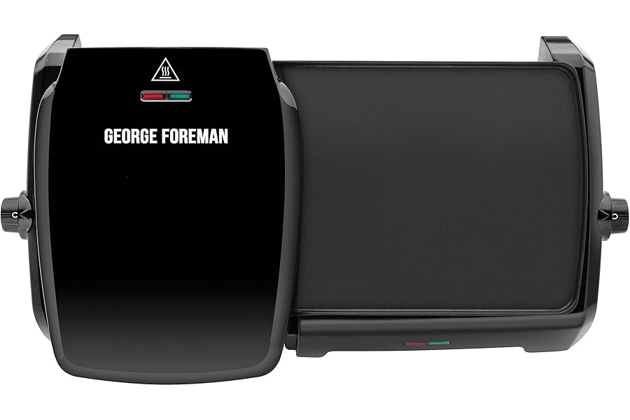George Foreman Large Electric Grill & Griddle [Dual independent temperature control, Energy saving, Easy clean, Non stick, Healthy, Toastie, Hot plate, Panini, BBQ, Ready to cook light] Black, 23450
