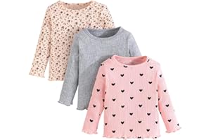 Pilipulu 3er-Pack Mädchen T-Shirt Langarm Rundhals Baumwolle Shirts Rüschenbündchen Basic Oberteile Kinder 98 104 110 116 122