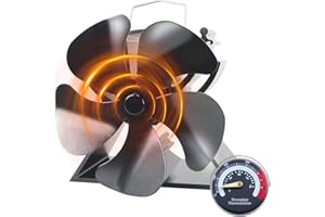HAWCAFU 5 Blades Log Burner Fan 4.9inches/12.5cm Mini Stove Fan with Stove Thermometer Small Woodburning Fan for Small Space on Wood/Log Burner/Fireplace Top