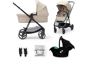 KK KINDERKRAFT Kinderkraft Newly Pushchair 3-in-1, Complete Set up to 22 kg, Child Seat I Size 40-75 cm in Set, Combination Pram with Footmuff, Waterproof Cover with UPF50+, Folding, Reclining Position, Beige