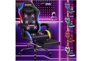 ELFORDSON LED Gaming Chair with 8-Point Massage, Ergonomic Computer Office Chairs with Headrest, Lumbar Cushion, Footrest, RGB Light, High Back 150° Reclining, 360° Swivel, PU Leather, Black