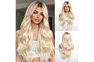 OUFEI Peruki blond dla kobiet, długa, kręcona, z grzywką, falowana peruka z ciemnymi korzeniami, naturalne syntetyczne włosy, na co dzień, na imprezę, do cosplay