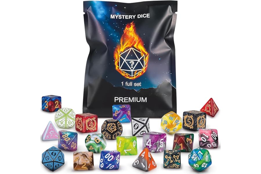 QMAY Mystery Dice, Set of 7 Polyhedral Dice, Random Style, For Dungeon and Dragons MTG Table Games RPG DND D20 D12 D10 D% D8 D6 D4 (7)