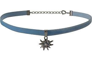 P.S. SCHUHMACHER Trachtenkette für Dirndl oder Trachtenkleid Samt Kropfband Samtband Edelweiß mit Swarovski-Elements Dirndlkette Trachten-Kette elastisch Halsband Halskette Damen, Farbe:hellblau