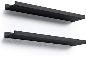 RICHER HOUSE Svarta svävande hyllor för vägg med kant, 40 cm, trä, 2 set