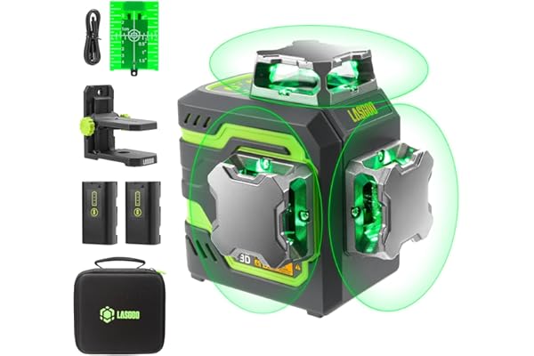 LasGoo LG-3D Niveau Laser Auto-nivelant 3x360°- Laser 3D à Faisceau Vert pour Construction et Alignements - 2 Batteries Rechargeables (20h) - Support Magnétique Rotatif et Relevable,Vert