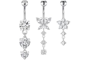 Crdifu Bauchnabelpiercing 10mm Silber Bauchpiercing Edelstahl Herz Schmetterling Blume Anhänger Piercing Bauchnabel Schmuck Damen