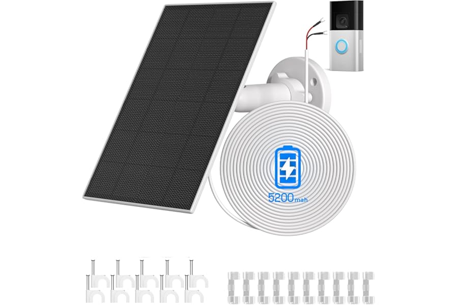 Outdoor Solar Charger for Ring Doorbell – Compatible with Plus/Pro/3/3+/4, 4W Weatherproof Solar Panel with Built-in 5200mAh Battery, 13ft Cable & 360° Adjustable Mount for Video Doorbells