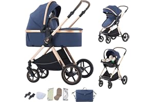 BEBBY Kinderwagen 3 in 1,Kinderwagen Buggy Mit Babyschale,Mit Höhenverstellbarer buggy Komplettset Faltbare tragbare,Buggys Mit Aluminiumrahmen für Neugeborene 0 bis 3 Jahre (D2-BLUE-6, H2-D)