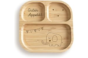 hellomini Babyteller mit Saugnapf – Individueller Kinderteller aus hochwertigem Bambusholz – Geschenk zur Geburt & Taufe – BPA-frei (Elefant - ohne Name, Teller+Besteck(rosa))