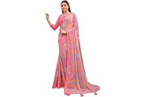 Jaanvi fashion Women's Chiffon Printed Banarasi Border Saree with Unsewn Blouse Part, Baby Pink, One Size, baby pink
