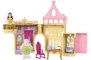 MATTEL Disney Princess Toys, Belle Stackable Castle Doll House Playset with Small Doll and 8 Pieces, Inspired by the Disney Movie, Kids Travel Toys and Gifts, HPL52