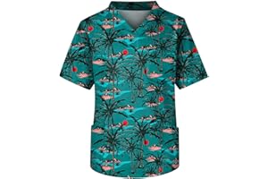 DHYUEN Kasacks Herren Pflege V-Ausschnitt Mit Brusttaschen Schlupfkasack Pflege Kasack Kurzarm Hawaii Palmenmuster Op-Kasack Schlupf-Kasack Atmungsaktiv Medizinischer Schlupfhemd Berufskleidung