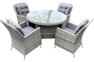 Pawmate Luxury Grey Rattan Effect 4 Seater Dining Set, Weave Wicker Stool Grey Indoor/Outdoor