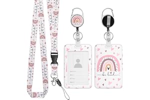TIESOME Wysuwana smycz z zestawem uchwytów na dowód osobisty, tęczowy plastikowy uchwyt na karty boho z odpinaną smyczą i klipsem na identyfikator, twardy uchwyt na identyfikator, dla pielęgniarki,