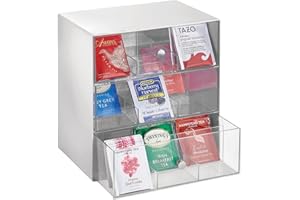 mDesign Organizador de cocina para bolsas de té, cápsulas de café, azúcar y más – Compacto organizador con cajones de plástico – Mini cajonera con 3 cajones y 27 apartados – gris claro y transparente
