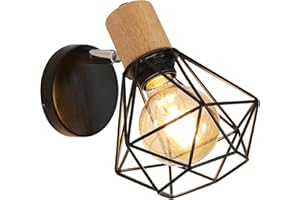 Toolight Applique Murale Industrielle Vintage, Lampe Murale 360° Rotative en Bois, Lampe Cage E27 en Métal et Fer Noir pour Chambre à Coucher Couloir Salle de Séjour Max 60W