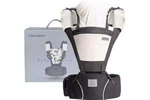 Bebear Baby Carrier Newborn to Toddler, Bebamour Baby Carrier Hipseat 0-36Months with Head Hood, 3 PCS Teething Pads, Waist Extender, Dark Grey