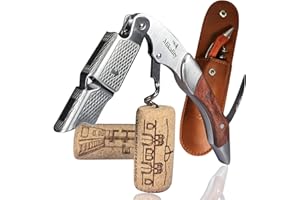 MIKALITY Abridor De Vino con funda, Sacacorchos Camarero, De Acero Inoxidable y Madera, Cuchilla, Abrebotellas, Accesorios De Vino profesional, Regalos, Cocina y Bar