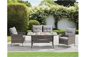 EVRE Brown Florence Garden Rattan Furniture Set 4 Piece Seat 1 Sofa 2 Chair Dining Outdoor Conservatory Wicker Weave Lounge Sofa and Glass Top Table with Cushions