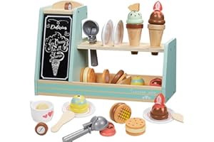 Giant bean Eisdiele Kinder Holz, 3-in-1-Spielküche Zubehör mit EIS, Kaffee und gefrorenen Leckereien, 25-teiliges Kleinkind-Rollenspielküchen-Lebensmittelzubehör, Weihnachten, Geburtstagsgeschenke