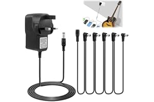 KEYQUEEN 9V Guitar Pedal Power Supply Adapter, 2m DC Wall Charger Adapter with 5 Way Daisy Chain Pedal Cables for Behringer, JOYO, Donner, BOSS, Sonicake, MXR, Zoom Effects Pedals Tip Negative Cable
