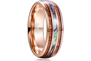 Vakki 6mm/8mm Wolframringe für Herren/Damen, Hawaiianische Koa-Holzeinlage, Kuppel, Abalone-Muschel/blaue Mitte, Eheringe, bequeme Passform, Größe 4 bis 17