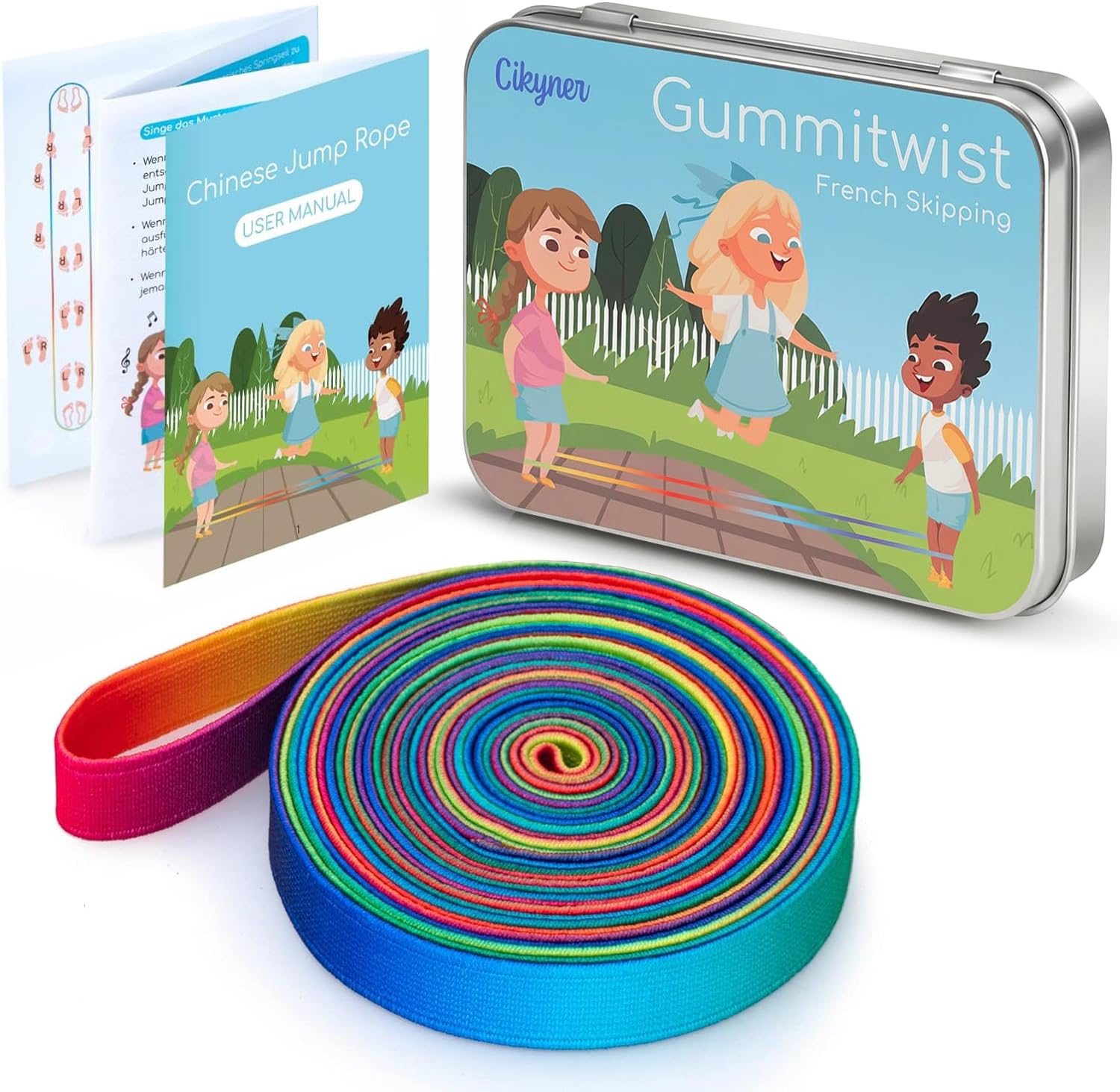 Cikyner Cuerda para Saltar China, 4m de Largo 1.5cm de Ancho Goma Elastica con Instrucciones Goma de Saltar para niños, Juegos para Interiores y Exteriores Ideal para Regalos para Niñas y Niños