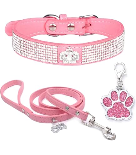 Haoyueer Hundehalsband Aus Wildleder Mit Strasssteinen – Glitzerndes Set Mit Leine (Größe S, Hot Pink)