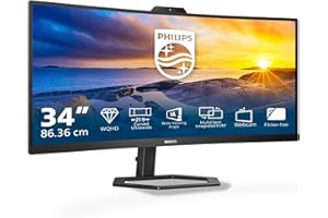 Philips 34E1C5600AM - Moniteur incurvé WQHD 34 Pouces, Webcam, réglable en Hauteur, Haut-Parleur (3440x1440, 100Hz, HDMI, DisplayPort, USB-C, Hub USB) Noir