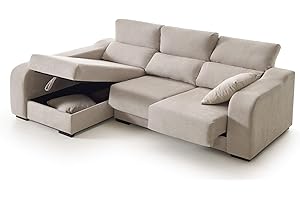 ECCOX - Sofá Chaise Longue Zafiro de 3 Plazas - Asientos Deslizantes, Cabeceros Reclinables y Arcón de Almacenaje - Chaiselonge Izquierda Tapizado en Tela Antimanchas - Color Beige