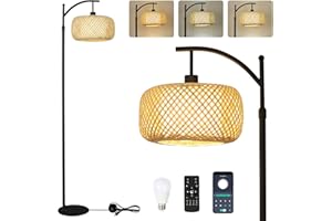 Rayofly Arc Floor Lamp for Living Room, Dimmable Floor Lamps with Remote Control, Boho Rattan Floor Lamps with Bamboo & Fabric Double Shades, Rustic Standing Lamps for Bedroom, Smart LED Bulb Included