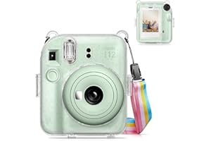 Fintie Etui do Fujifilm Instax Mini 12 - przezroczyste twarde etui ochronne z pokrowcem i zdejmowanym paskiem tęczy, *Połyskujący kryształ, Przezroczyste, twarde etui ochronne