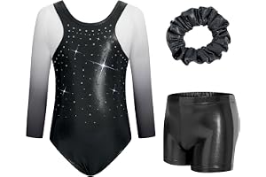JiAmy gymnastiska trikåer för flickor 3/4-ärm glittrande barn gymnastik atletisk outfit med shorts dansdräkter för 3-12 år