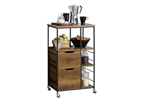SoBuy Carrello cucina industriale mobile salvaspazio con cassetti e ripiani mobile cucina con ruote per credenza cassettiera, isola cucina compatta per piccoli spazi Marrone 89x53x37cm FKW111-PF