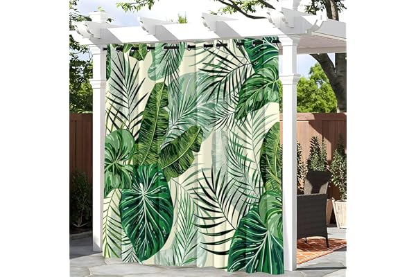 Hiseng Rideaux d'extérieur Imperméable 1 pièce Imprimé Feuilles de Bananier Vert 3D, Rideau œillets en Haut pour Jardin, Terrasse, Pavillon, Balcon, Intérieur (132x243cm,Plantes Tropicales 7)