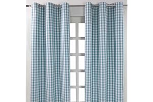 HOMESCAPES – Paire de Rideaux à œillets 100% Coton – Grand Carreaux Vichy Bleu – Prêt à Poser 137 x 228 cm