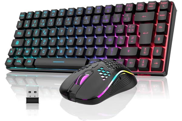 RedThunder K84 Combo Clavier et Souris USB sans Fil Gamer, AZERTY Français, Batterie Rechargeable RVB Rétroéclairée, Clavier TKL à 75% et Souris Optique Légère en Nid d'abeille 3200 DPI (Noir)