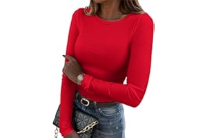 Zeagoo Camiseta Manga Larga Mujer T Shirt de Punto Acanalado Camisas Elegantes con Cuello Redondo Camisetas Ajustada Elástico Jersey para Otoño e Invierno XS-XXL