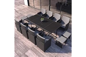 CONCEPT USINE - Salon De Jardin Florida 12 Personnes en Résine Tressée Noir - 1 Table en Verre - 8 Fauteuils - 4 Poufs - Coussins Gris - Encastrable, Résistant, Imperméable