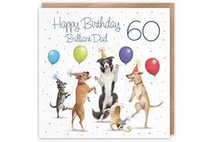 Hunts England 60th Dad Birthday Card - Dancing Dogs - Happy Birthday - Brilliant Dad - Age 60 - Luxury Men's 60th Birthday Card For Dad - Milo's Gallery - Funny Card