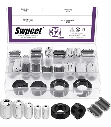 Swpeet Kit 28pcs Anneaux Ferrite Clip 5 Tailles - Suppresseur Bruit EMI RFI Pour Câbles USB HDMI - Diamètres 3,5/5/7/9/13mm