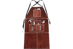 YORBAY Delantal para Soldadura de Cuero, Bretelles réglables et 5 Bolsillos, Resistente al Calor e Ignífugo Delantales de Seguridad, para Tareas Pesadas, Carpintería