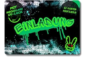 ‎CELEBR8TE celebr8te 12x Graffiti Einladungskarten - Für den Kindergeburtstag von Jungen - grüne Neon Graffiti Geburtstagseinladungen inkl. Messenger Bild & Urlaubsgutschein