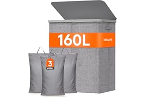 Lifewit Kosz na bielizna z 3 przegródkami 165 l, plastikowy pojemnik do sypialni, łazienki, pralni
