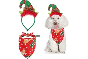 Bandeau d'elfe de Noël 2 pièces pour Chien et Bandana de Noël Double Couche, Chapeau de Chapeau d'elfe de Noël Jupsk et écharpe Triangulaire pour Animaux de Compagnie pour Petits et Grands Chiens